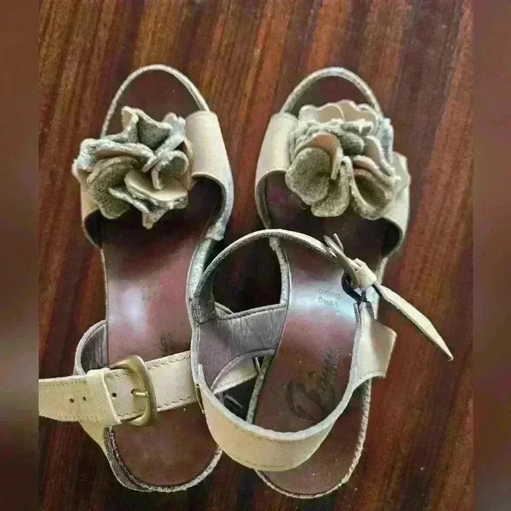 Bata Tan Leather Ankle Strap Linen covered Platform Wedge Sandal Size EU 36 US 6